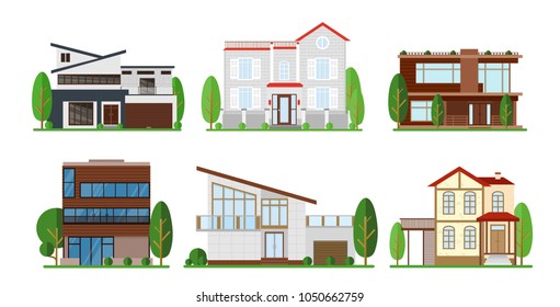 Vector illustration set of home exterior design. Modern apartment, cottage, building concept cottage in flat design.