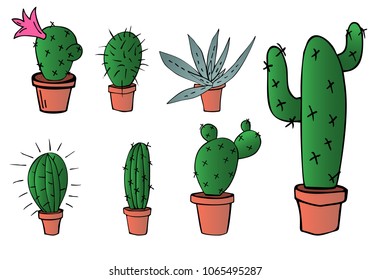 vector illustration set of home green cactus and aloe in brown clay pot in cartoon gradient colors
