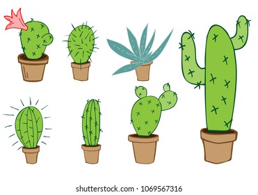 vector illustration set of home green cactus and aloe in brown pot in flat doodle colors