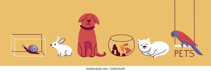 Vector illustration set of home pets. Cat, dog, parrot, goldfish, rabbit, snail. Cute domestic animals