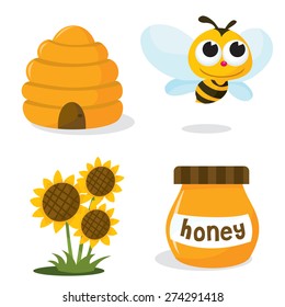 A vector illustration set of honey bee related icons like happy honey bee, beehive, honey jar and sunflower.