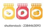 vector illustration of a set of honey, strawberry jam and marmalade in glass jars for banners, cards, flyers, social media wallpapers, etc.