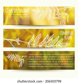vector illustration. Set of  horizontal autumn banners  with blurred  background and  sketch - rowan leaf