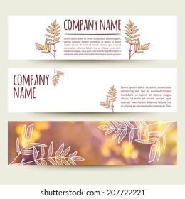 vector illustration. Set of  horizontal autumn banners  with blurred  background and  sketch - rowan leaf