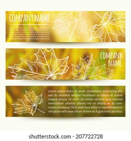 vector illustration. Set of  horizontal autumn banners  with blurred  background and  sketch- maple-leaf