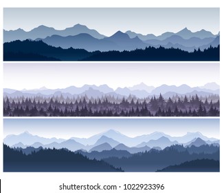 Vector illustration set of horizontal backgrounds with wild nature mountains with forest in morning fog.