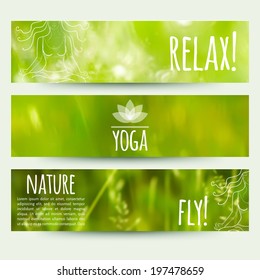 vector illustration. Set of horizontal banners with blurred grass background and and sketch a girl in lotus position