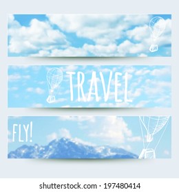 vector illustration. Set of horizontal banners with sky background  and sketch - balloon