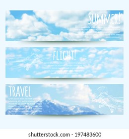 vector illustration. Set of horizontal banners with sky background  and sketch - retro airplane