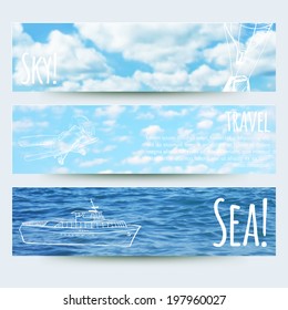 vector illustration. Set of horizontal banners with sky and sea background  and sketch plane, balloon and ship