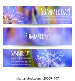 vector illustration. Set of  horizontal banners with blurred grass and flower background and flower sketch