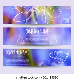 vector illustration. Set of  horizontal banners with blurred  background and flower and butterfly sketch