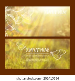 vector illustration. Set of  horizontal banners with blurred  background and flower and butterfly sketch