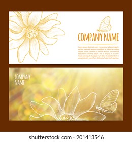 vector illustration. Set of  horizontal banners with blurred  background and flower and butterfly sketch