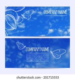vector illustration. Set of  horizontal banners with blurred  background and flower and butterfly sketch
