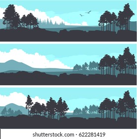 Vector illustration set of horizontal banners fictional landscape twilight suburb of forest silhouettes trees blue color