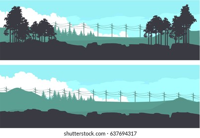 Vektorillustration-Illustrationssatz für horizontale Banner fiktive Landschaft Dämmerung Vorort von Waldsilhouettes Bäume blauer Farbe