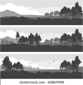 Vector illustration set of horizontal banners fictional landscape twilight suburb of forest silhouettes trees black and white color