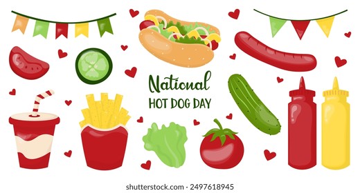  Vector illustration. Vector set of hot dog day with fries, hot dog, ketchup, mustard, lemonade, tomato slice, cucumber slice, lettuce, sausage, tomato, cucumber and garland.