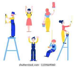 Vector illustration set of house building and remodel concept with various professional contractors in uniform doing repair works in flat style isolated on white background.