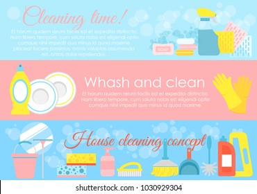 Vector illustration set of house cleaning elements, hygiene concepts with place for text and lot of icons in pastel blue and pink colors in flat style.