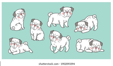 Vector illustration set of house domestic dog (pug) in sitting, laying and standing positions. Flat cartoon vector illustration