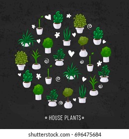 Vector illustration of a set of house plants in pots on a gray grunge background, imitation board, stickers