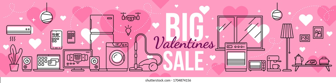 Vector illustration of set of household appliances with heart. Sale of home domestic electronic appliances on pink background. Line art style design for web, valentine day sale banner, e-mail