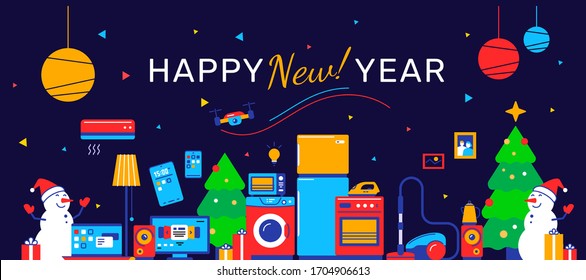 Vector illustration of set of household appliances on dark background. Winter sale of home domestic electronic appliances with christmas tree and happy snowman. Flat style design for web, banner, emai