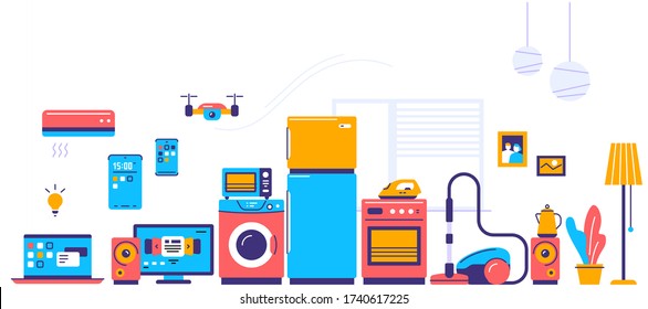 Vector illustration of set of household appliances with washing machine, fridge, stove, laptop, drone. Sale of home domestic electronic appliances on white background. Flat style design of web banner