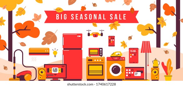 Vector illustration of set of household appliances on fall tree background with acorn. Autumn seasonal sale of home domestic electronic appliances. Flat style design for web, banner, advertising