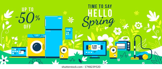 Vector illustration of set of household appliances with washing machine and fridge on green color background with flower. Spring seasonal sale of home domestic electronic appliances. Flat style design