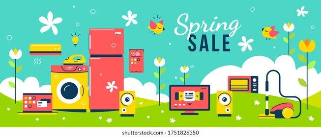 Vector Illustration Of Set Of Household Appliances With Washing Machine And Fridge On Flower Background. Spring Seasonal Sale Of Home Domestic Electronic Appliances. Flat Style Design For Web, Banner