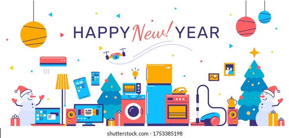 Vector illustration of set of household appliances on white background. Winter sale of home domestic electronic appliances with christmas tree and happy snowman. Flat style design for web, banner