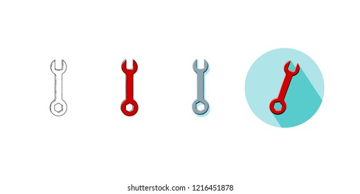 Vector illustration set of household tool wrench in four styles. Icons of wrench on turquoise background with shadow, line icon, line and color drawing, object with shadow in red, gray and black. 