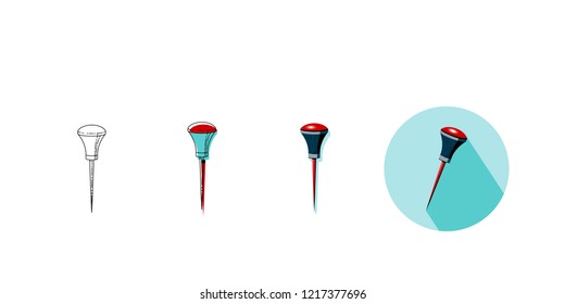 Vector illustration set of household tool bradawl in four styles. Icons of bradawl on turquoise background with shadow, line icon, line and color drawing, object with shadow in red, gray and black. 