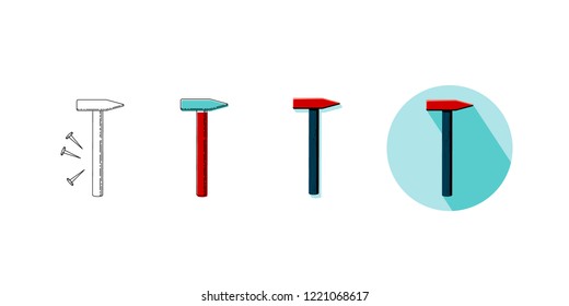 Vector illustration set of household tool hammer in four styles. Icons of hammer on turquoise background with shadow, line icon, line and color drawing, object with shadow in red, gray and black. 