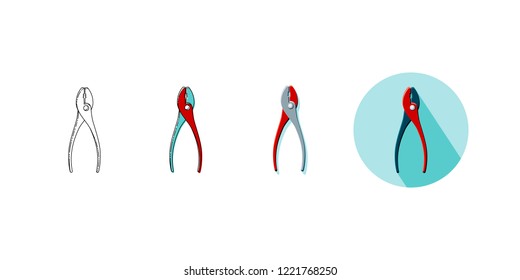 Vector illustration set of household tool pliers in four styles. Icons of pliers on turquoise background with shadow, line icon, line and color drawing, object with shadow in red, gray and black. 