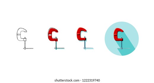 Vector illustration set of household tool clamp in four styles. Icons of clamp on turquoise background with shadow, line icon, line and color drawing, object with shadow in red, gray and black. 