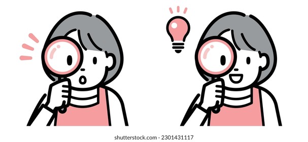 Vector illustration set of a housewife looking through a magnifying glass