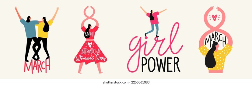 Vector illustration set with hugging and dancing women. 8 march international women's day greeting card design. Colored typography poster collection with holiday lettering text