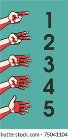 Vector illustration of a set of human hand gestures indicating an account of one to five