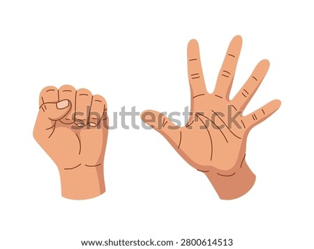 Vector illustration set of human hands – clenched fist and open palm with spread fingers