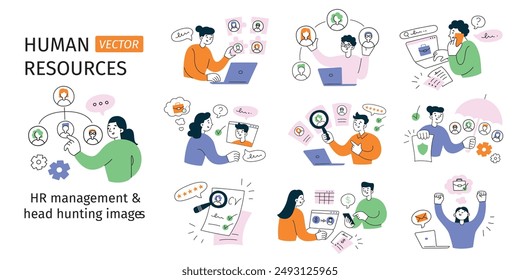 Vector illustration set of human resources scenes. Hiring, interviews, candidate search, and personnel management. Cartoon, flat style. Perfect for HR, recruitment, teamwork, and business themes