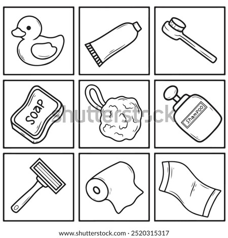 Vector illustration of a set of hygiene bath items on a white background.