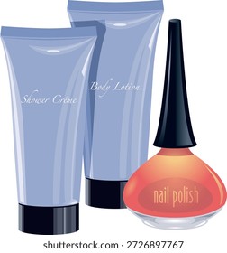 Un juego de Ilustración vectorial de productos de higiene y belleza que incluye crema de ducha, tubos de loción corporal y una vibrante botella de esmalte de uñas. Ideal para el cuidado de la piel, el cuidado personal, el spa, el salón y los diseños de marcas cosméticas, anuncios y presentaciones de productos.