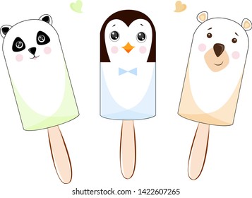 Vector illustration set of ice cream on a stick funny little animals panda, bear and penguin