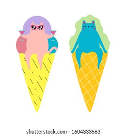 Vector illustration set with ice cream cones and cats. Funny vacation print designs, summer party and cafe menu flyer decoration elements