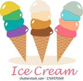 vector illustration set ice cream balls in waffle cone. different tastes, different colors.