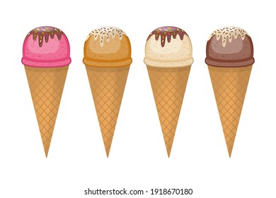 Vector illustration set of ice cream waffle cone, different tastes.